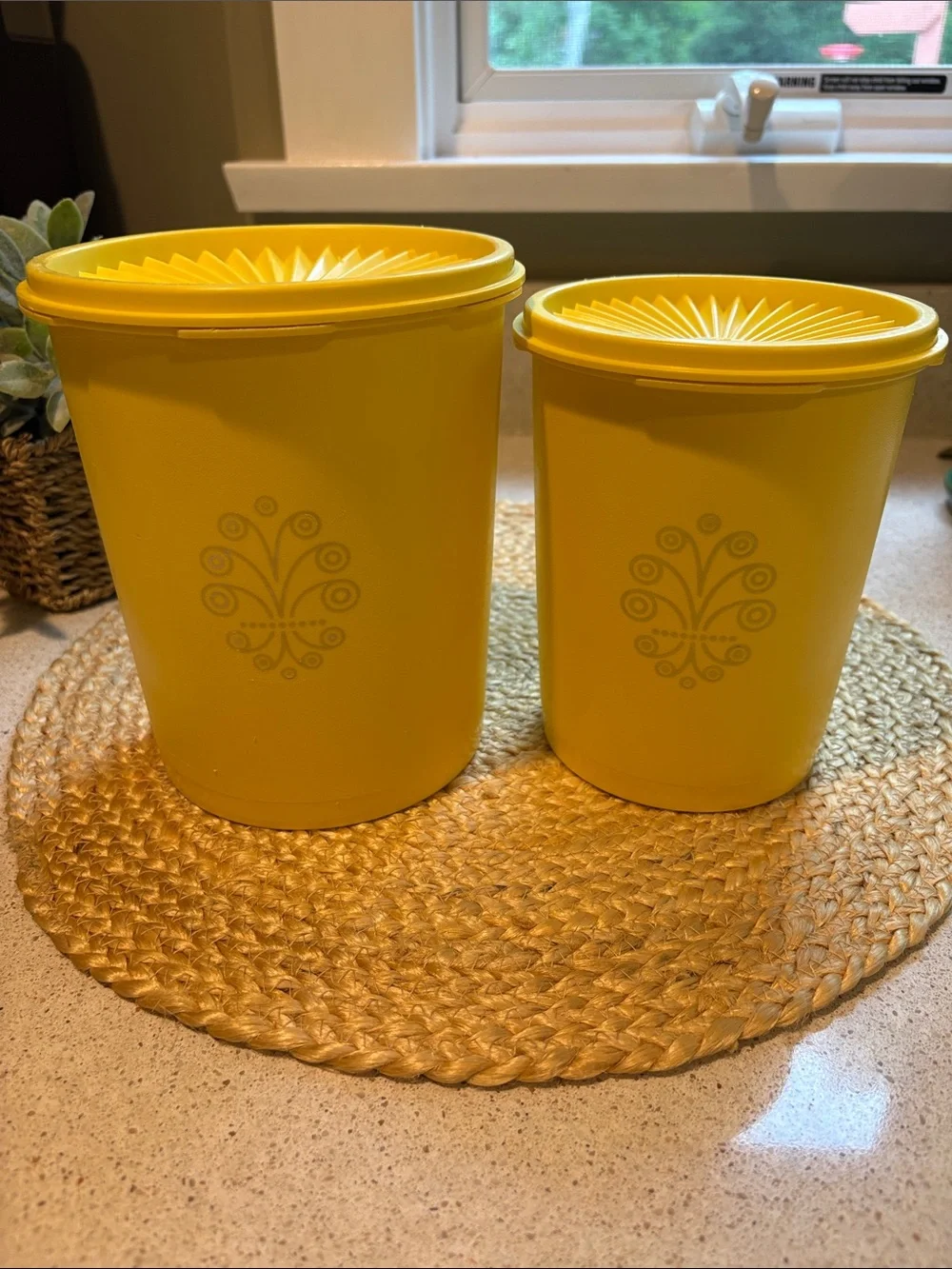 (2) Vintage Tupperware Yellow Servalier Canisters (809 and 811)